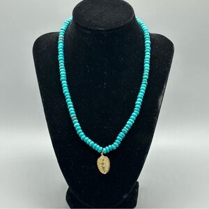 Serefina Anthropologie Turquoise Disc Beaded Heishi Style Cherub Necklace 18”